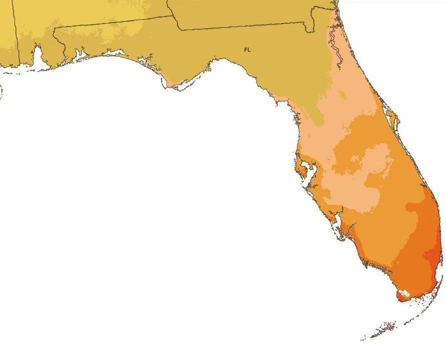 Map of Florida colored by plant hardiness zone, from zone 8b in the Panhandle to zone 11b in the Keys